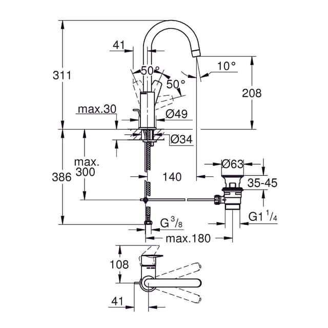 GROHE: Waschtisch-
Einhandmischer BauEdge L,
Hochdruck, verchromt - 1