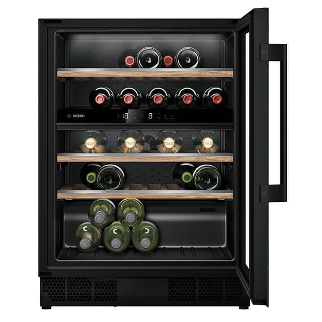 BOSCH built-under wine cooler
KUW21AHG0 with glass door, 600 mm
wide, black