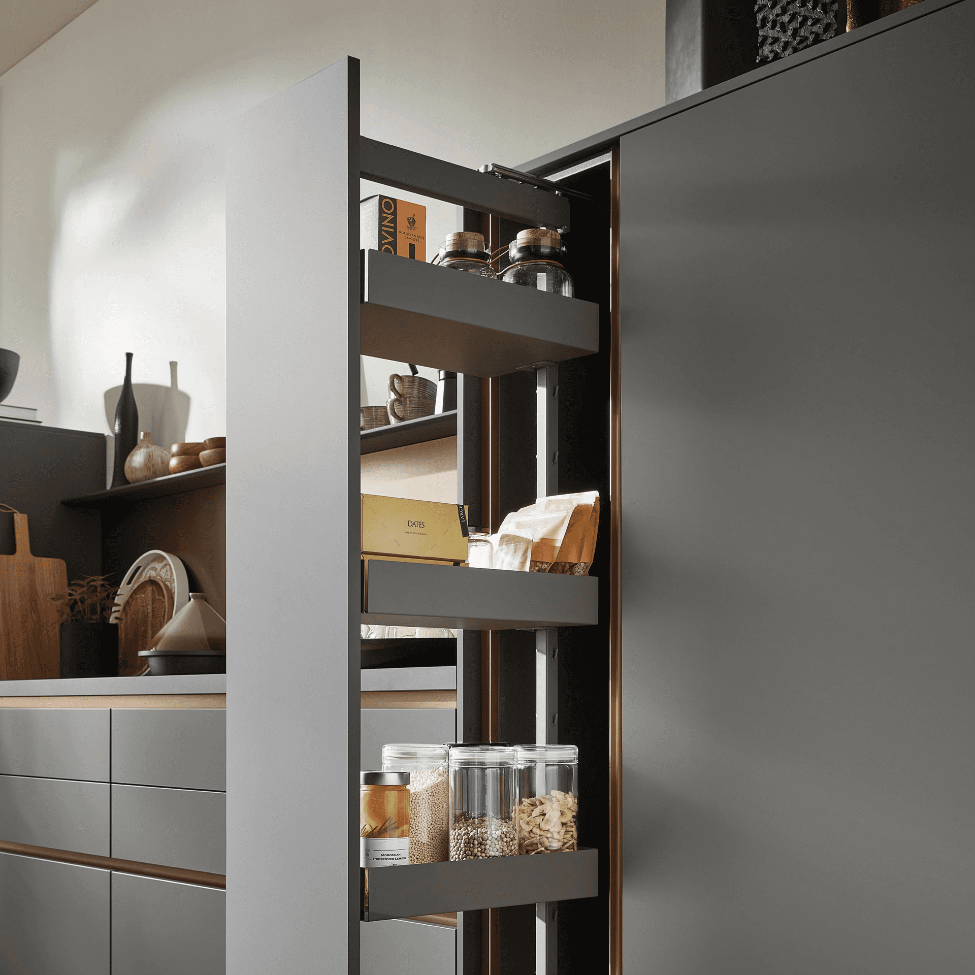 Discover Nobilia pull-out larder tall cabinets as an affordable organizational talent now!