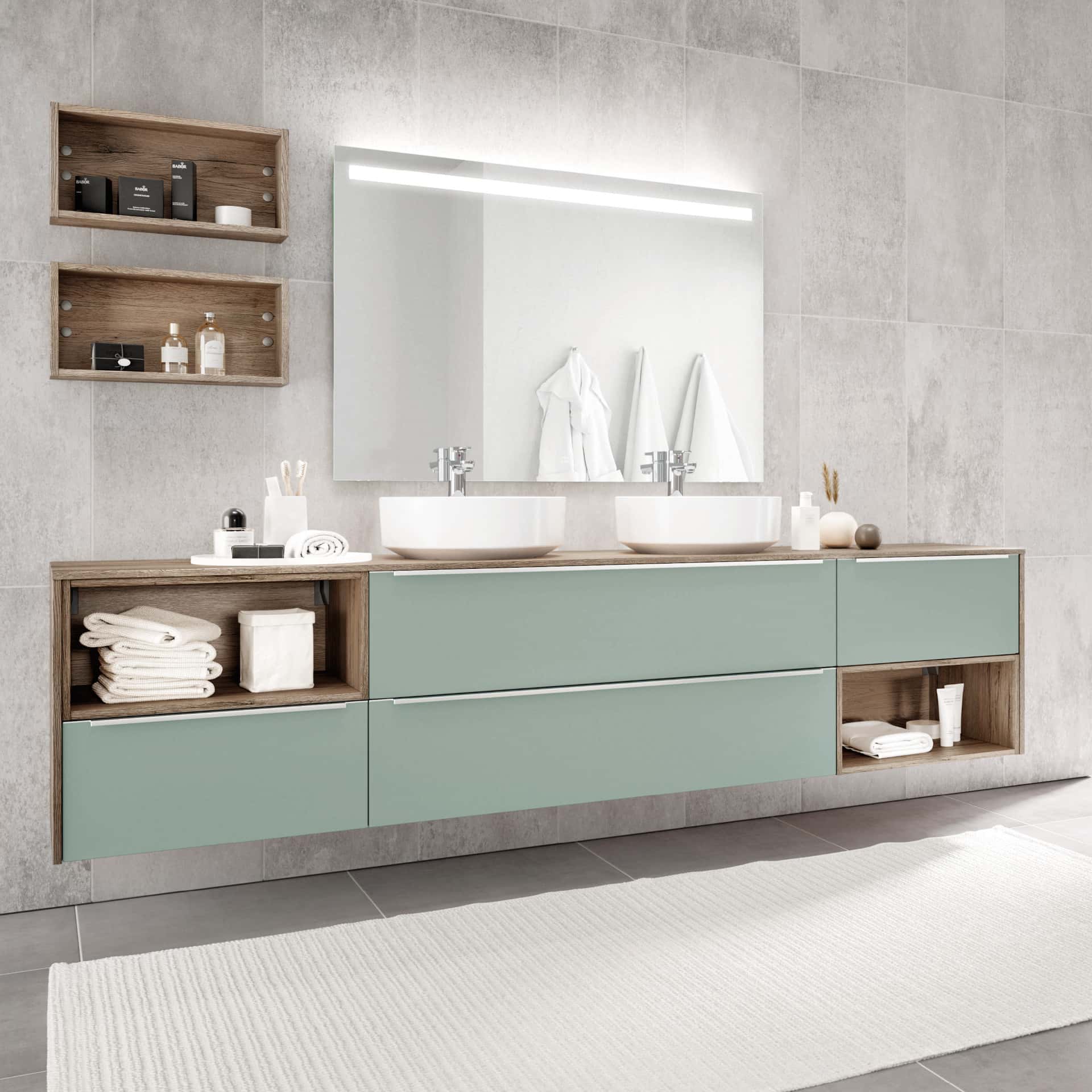 Nobilia bathroom with base cabinet with Case insert and drawer