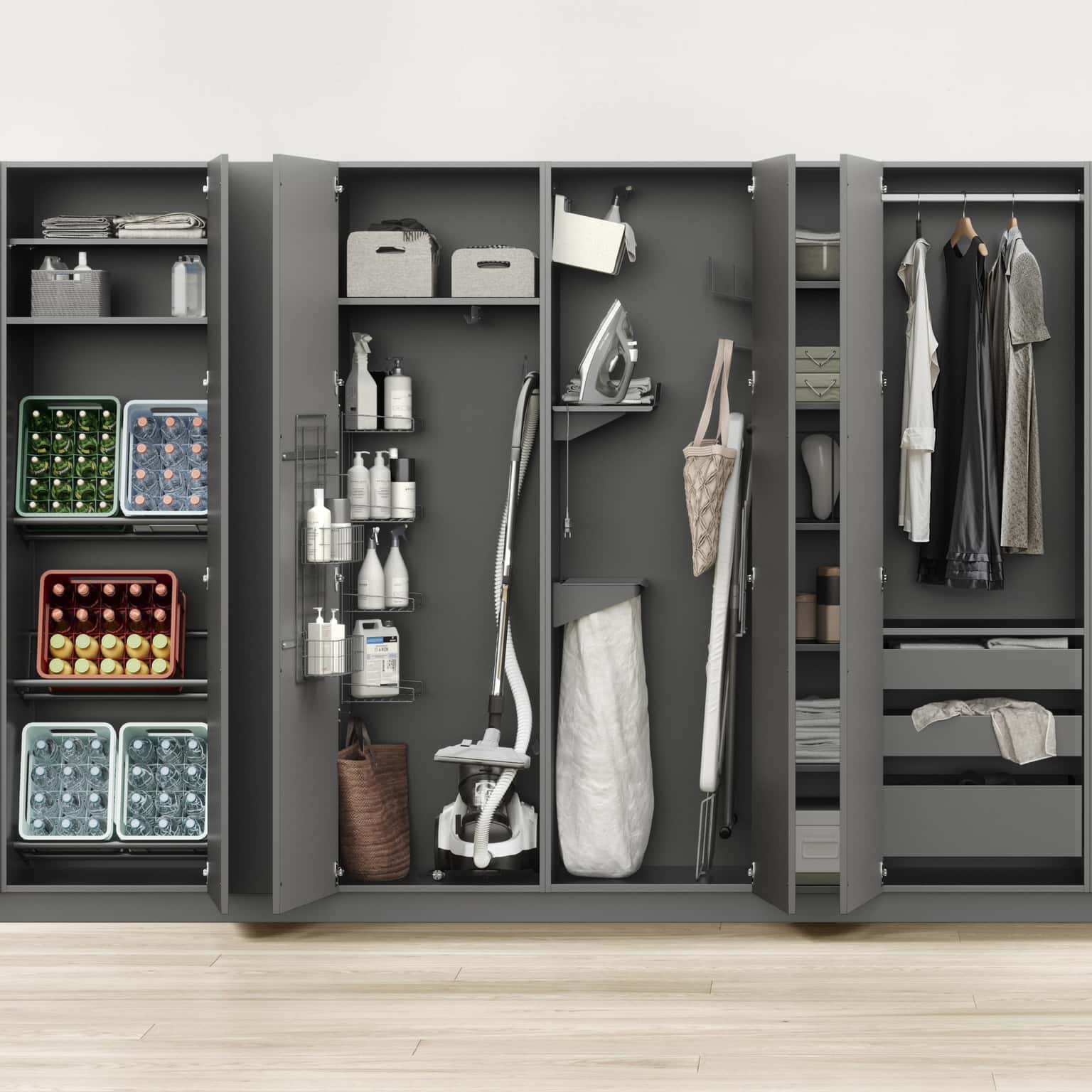 Nobilia Laundry tall cabinet with recycling collector and appliance holder